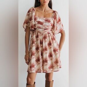 NEW In February Women’s Floral Rose Print Pleated Mini Dress Square-Neck Size M
